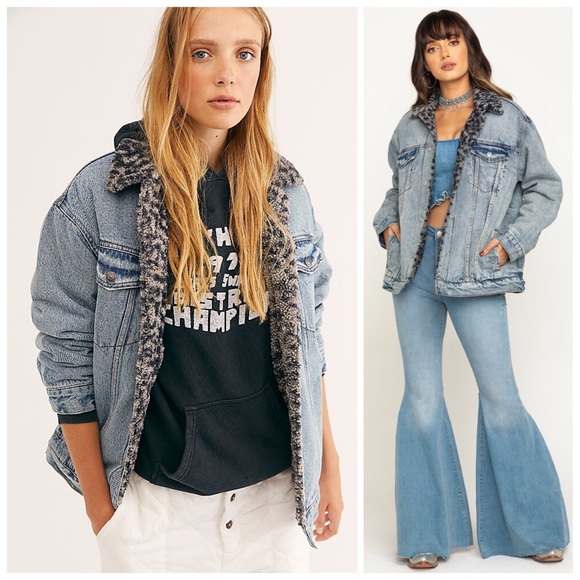 SOLD ❤️ FREE PEOPLE Jean Jacket Sherpa Trucker S - Picture 2 of 7